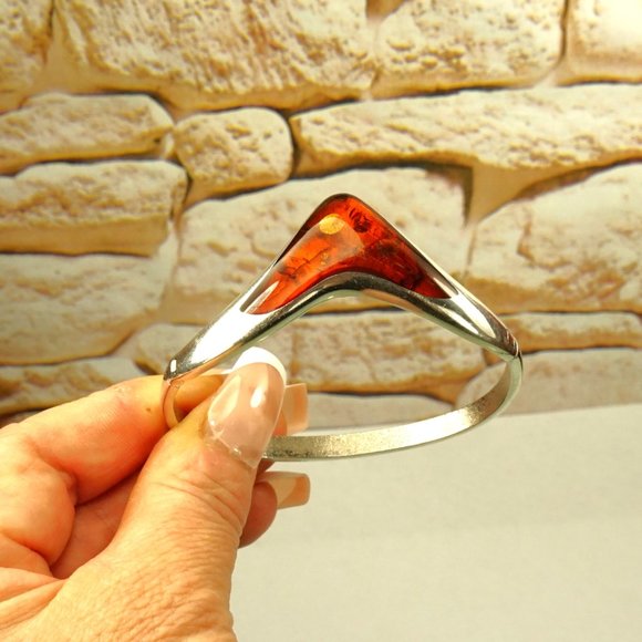 MODERNIST AMBER 925 SILVER BANGLE BRACELET HINGED RARE - Picture 10 of 10